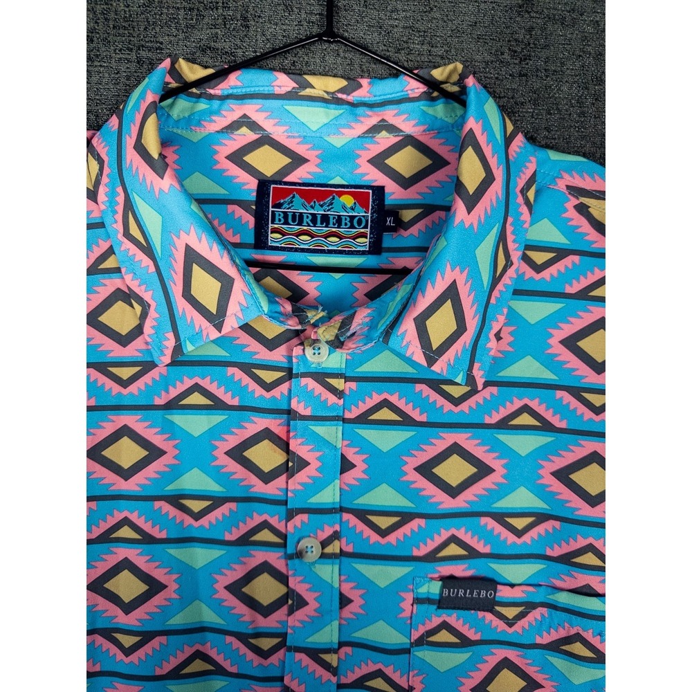 Burlebo Mens XL Aztec Print Button Up Shirt Pink Blue Short Sleeve Western - Picture 2 of 7
